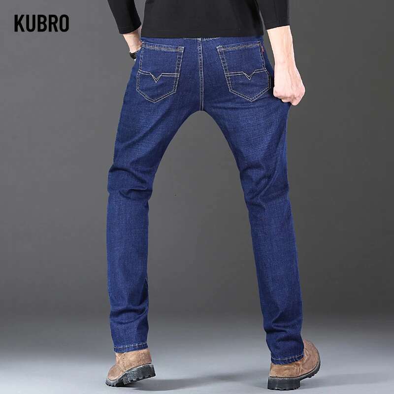 KUBRO Men's Jeans Winter Thickness Pants Straight Blue Jean Baggy Casual Work Denim Pant High Elasticity Wide Leg Male Hot Sale