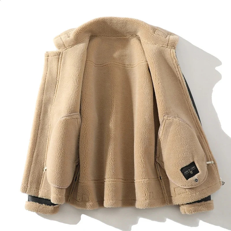 Sinton Mens Suede Leather Jacket Autumn Warm Thick Motorcycle Coat Artificial Cashmere Fur Collar Black Coat 241007