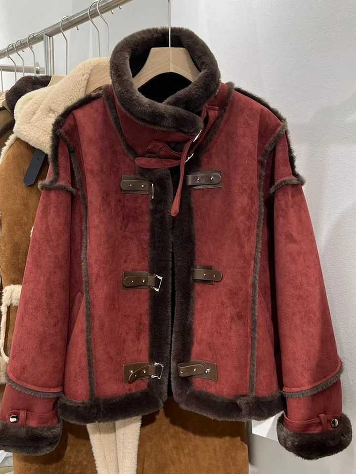 Winter Sheepskin Coat Faux Fur Suede Leather Women Warm Lamb Shearling Jacket Zipper Moto Biker Long Sleeve Short Casual OutwearX241018