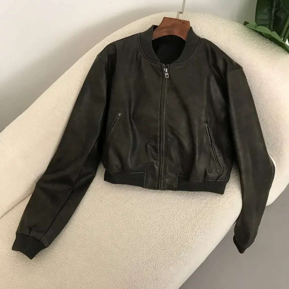 Faux Spring Lady Loose Artificial Jacket Vintage Locomotive Style Coat Women Washed Leather Gradient Zipper