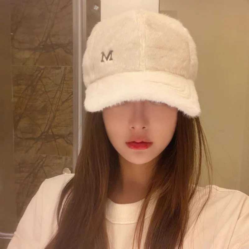 M Letter Rabbit Fur Blended Cap Ins Tide Brand Female Autumn and Winter All-match Plush Hat Suitable for Face Big Baseball CapsX241018