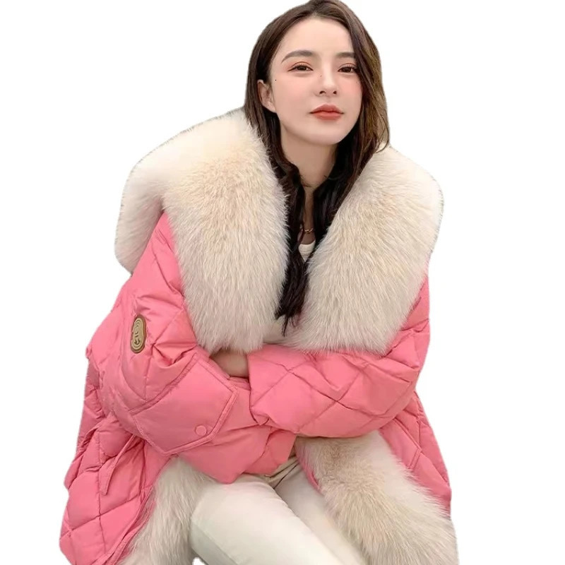 Light Faux Fox Fur Sailor Collar Bright Color down Cotton Jacket Coat Parka Womens MidLength winter clothes women 241018