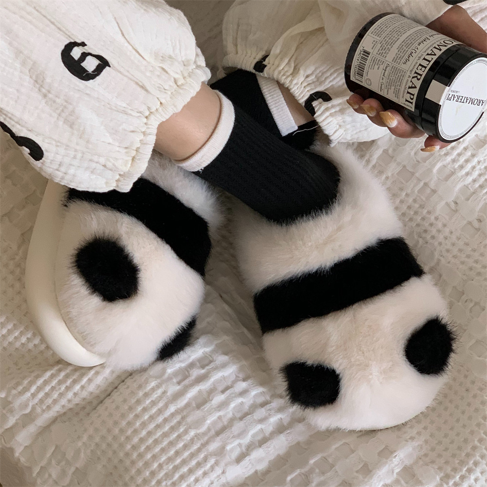 2024 New Women's Winter Designer Cartoon Cute Panda Plush Head Cotton Slippers Indoor Warm Soft Bottom Shoes Free Shipping
