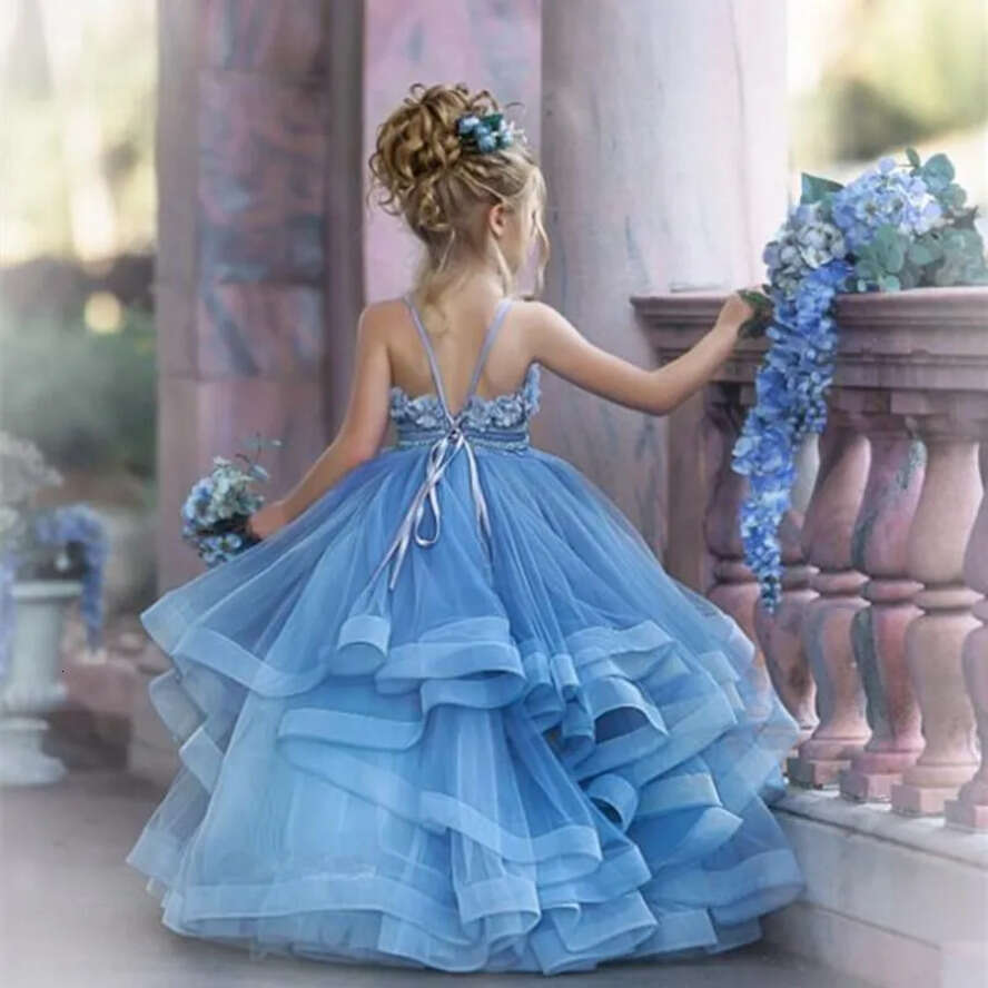 Wer Girl Cute 2022 Dresses For Wedding Spaghetti Lace Ral Appliques Tiered Skirts Girls Pageant Dress Kids Birthday Party Gowns Cg001 s