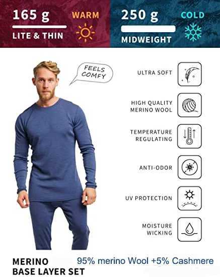 Men's Thermal Underwear Mens Merino Wool Base Set Bicycle 170G Lightweight 95% Wool Hot Underwear Winter Cashmere Set Mens Merino Top and Bottom 