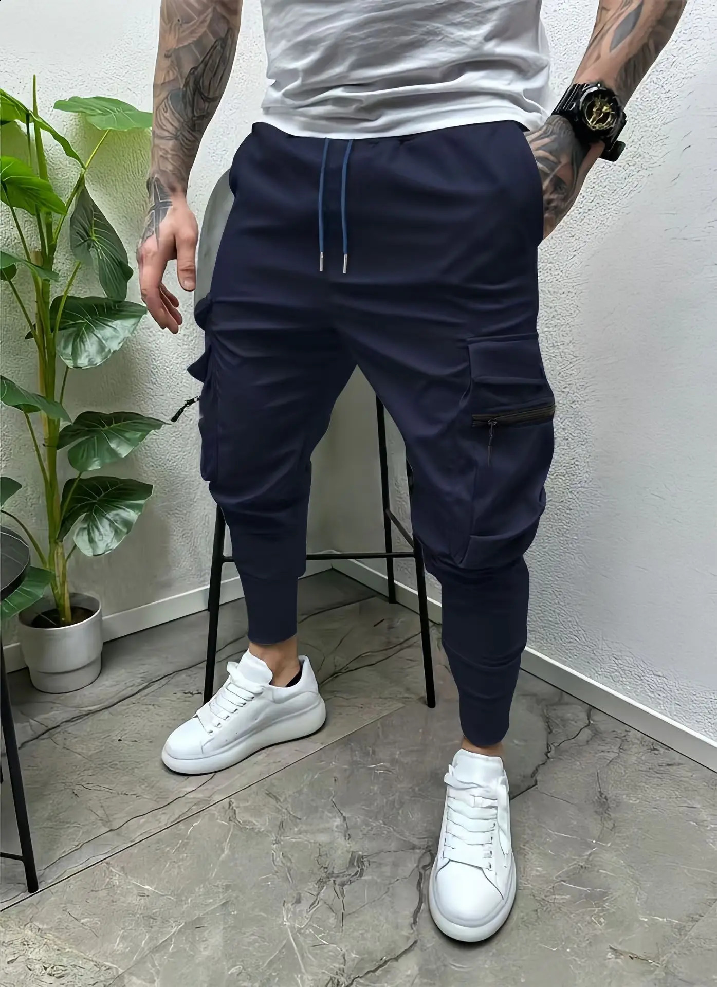 2024 mens casual zipper pocket solid color small foot cargo pants fashion outdoor trend pants 241010