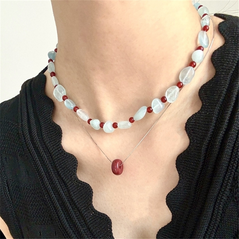 Natural aquamarine gemstone red agate irregular bead necklace for women Bohemian handmade bluestone bracelet jewelry set 241017