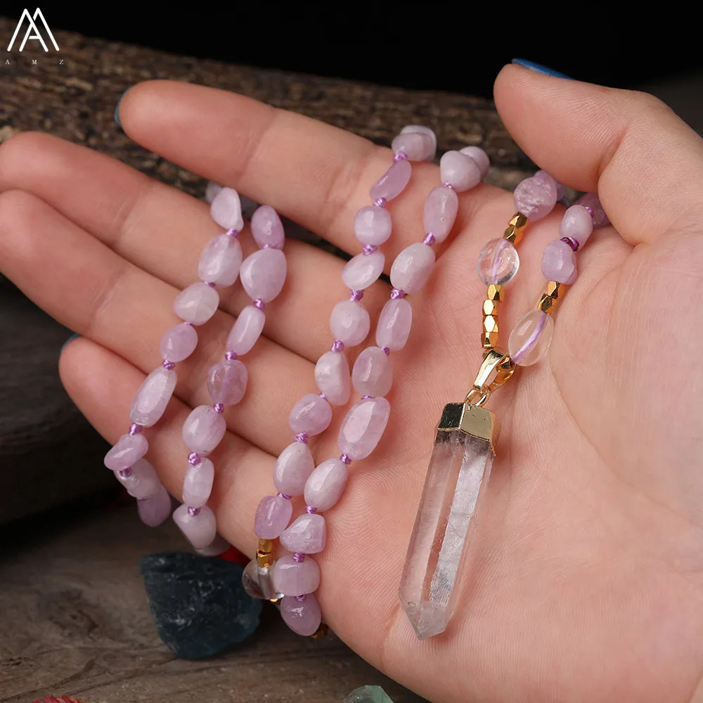 Natural white quartz free-form point pendant Kunzite crystal irregular chip bead knot Mala handmade necklace jewelry 241018