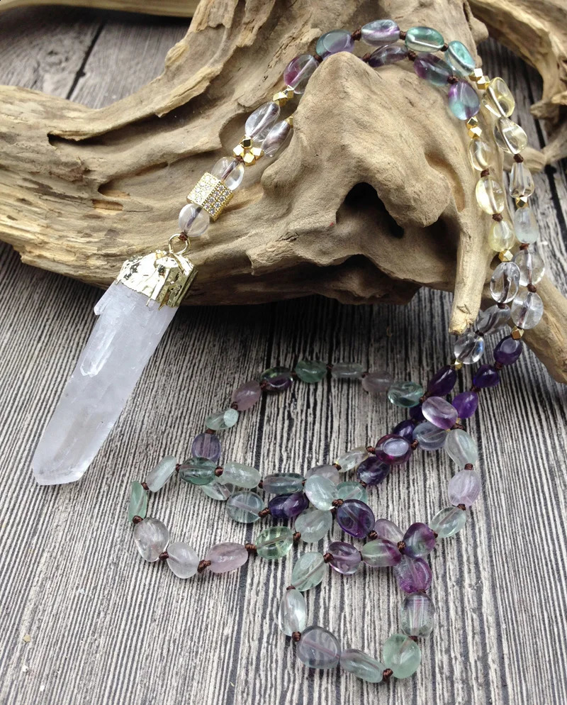 YA2830 Natural Quartz Pendant Fluorite Quartz Irregular Diamond Bead Knot Handmade Necklace 241018