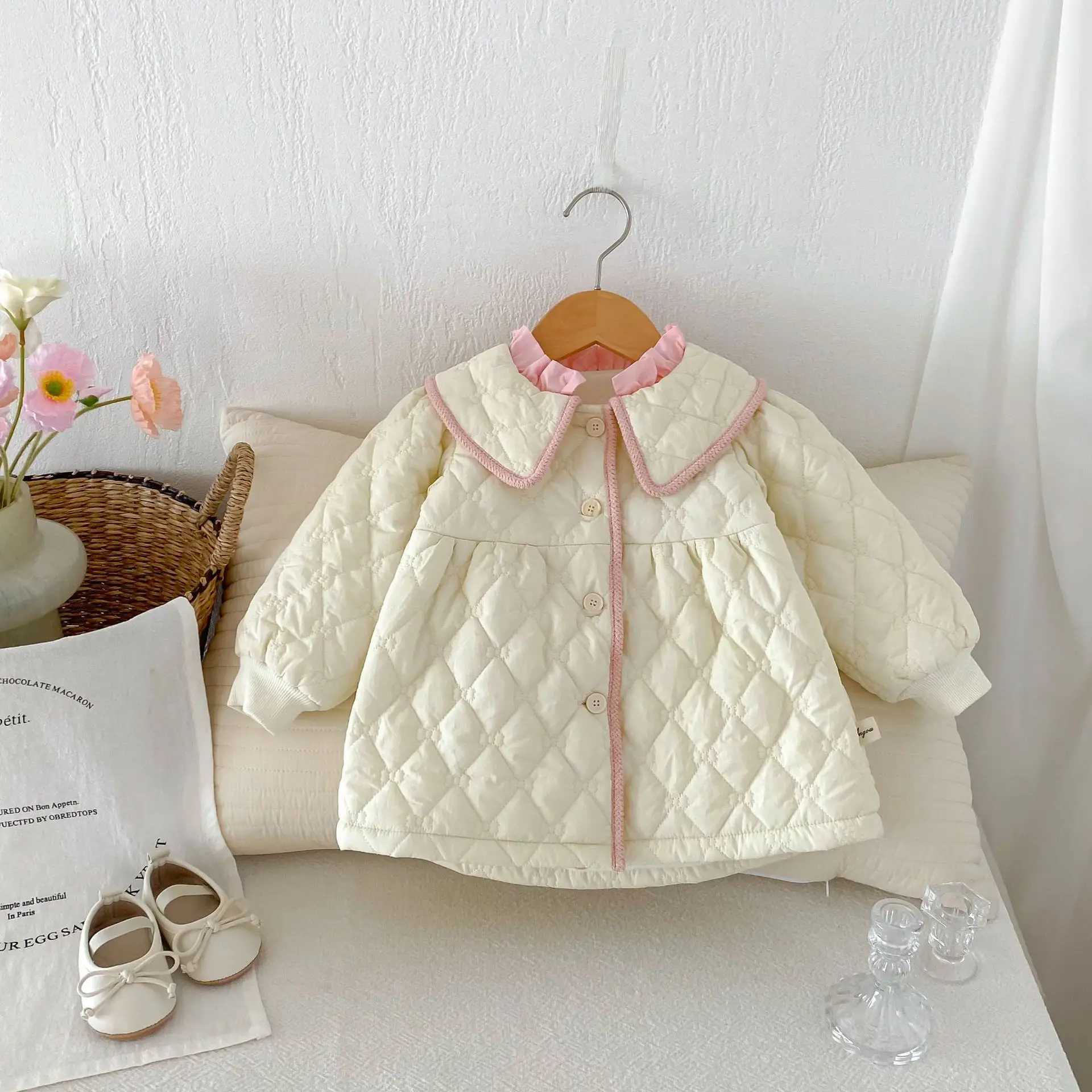 Winter Baby Girls Park Pure Cotton Bedding Solid Swing Door Collar Warm Lace Baby Coat Preschool Girls Jacket M241018