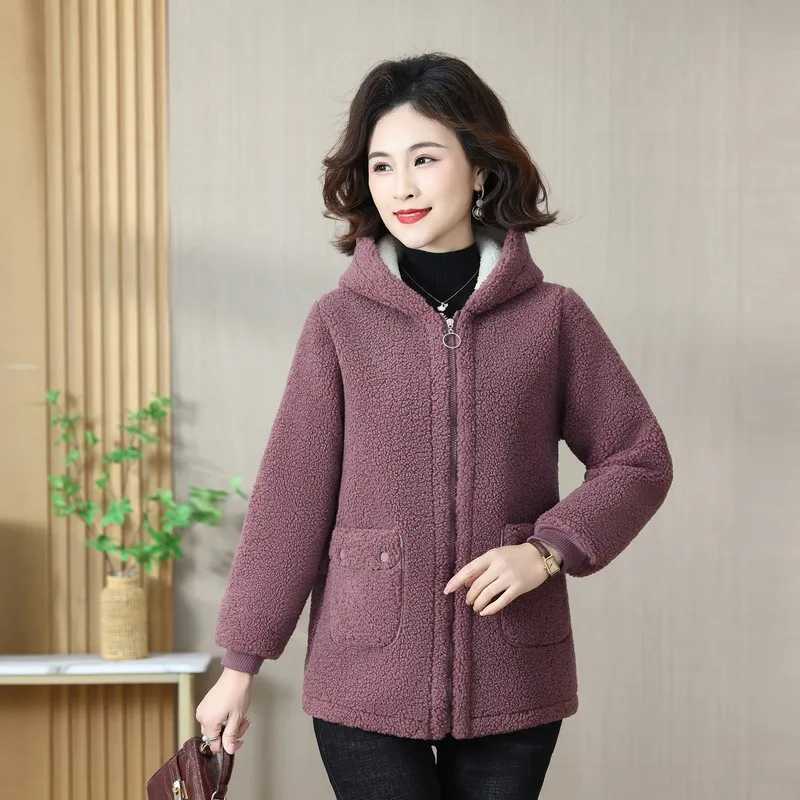 Lamb Wool Coat Womens Middle-Aged MoM Winter Plush Cotton Hoodie Jacket Female Warm Large Size Polar Fleece OutewearX241018