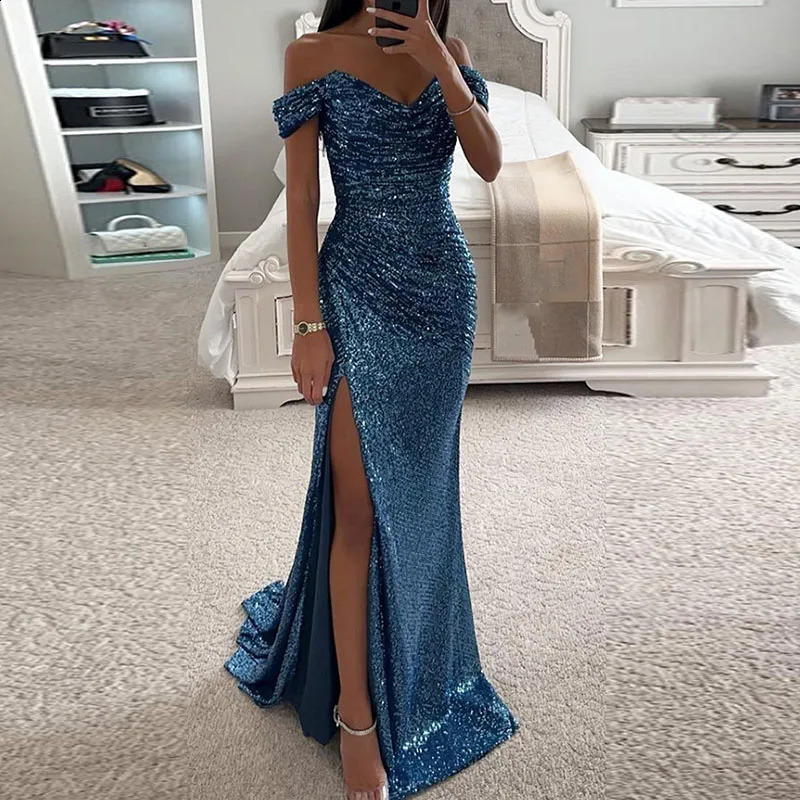 Womens slanted neck high score style evening dress with sequins shark slim fit buttocks long dress spring and summer shoulder hollow long dress 241017