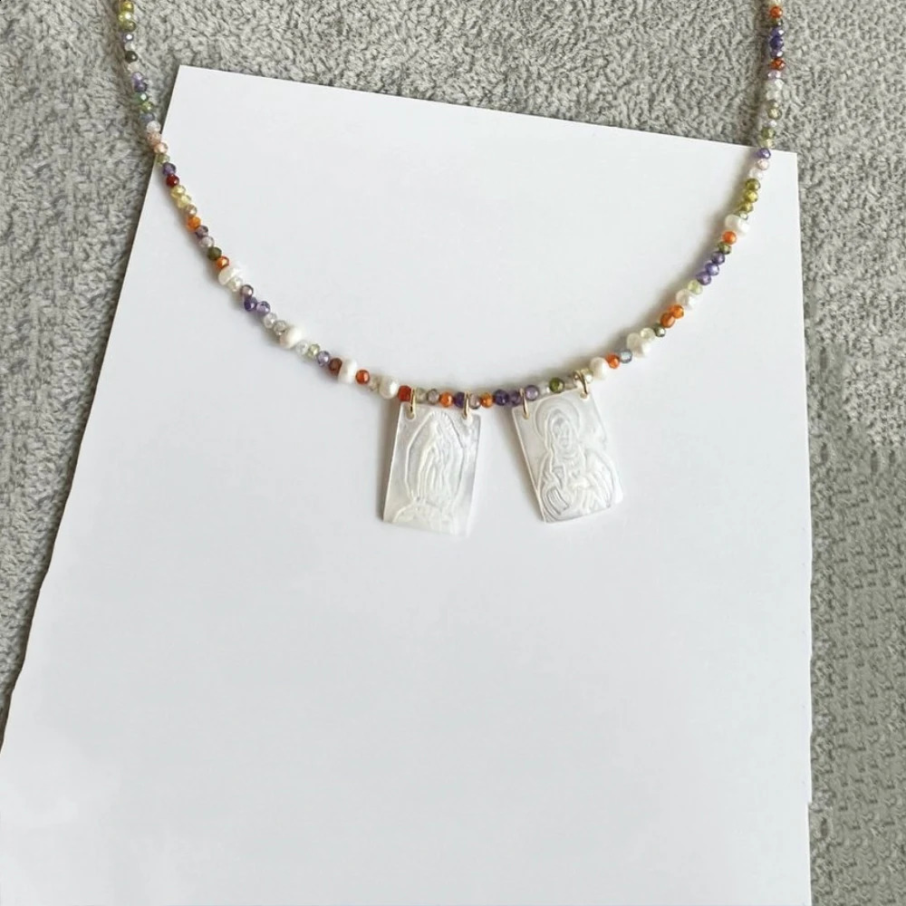 Natural Freshwater Pearl Holy Jesus Virgin Mary Pendant Necklace Handmade Colored Crystal Bead Necklace Mothers Day Gift 241018