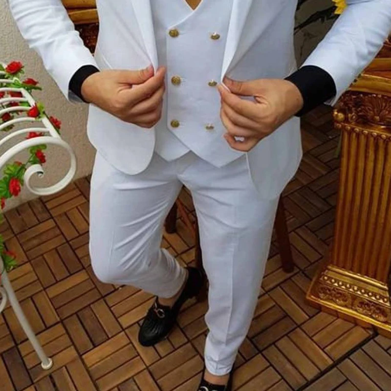 White Wedding Tuxedo Slim Fit Suits for Men 3 Piece Formal Jacket with Double Breasted Waistcoat Pants Male Fashion 2025