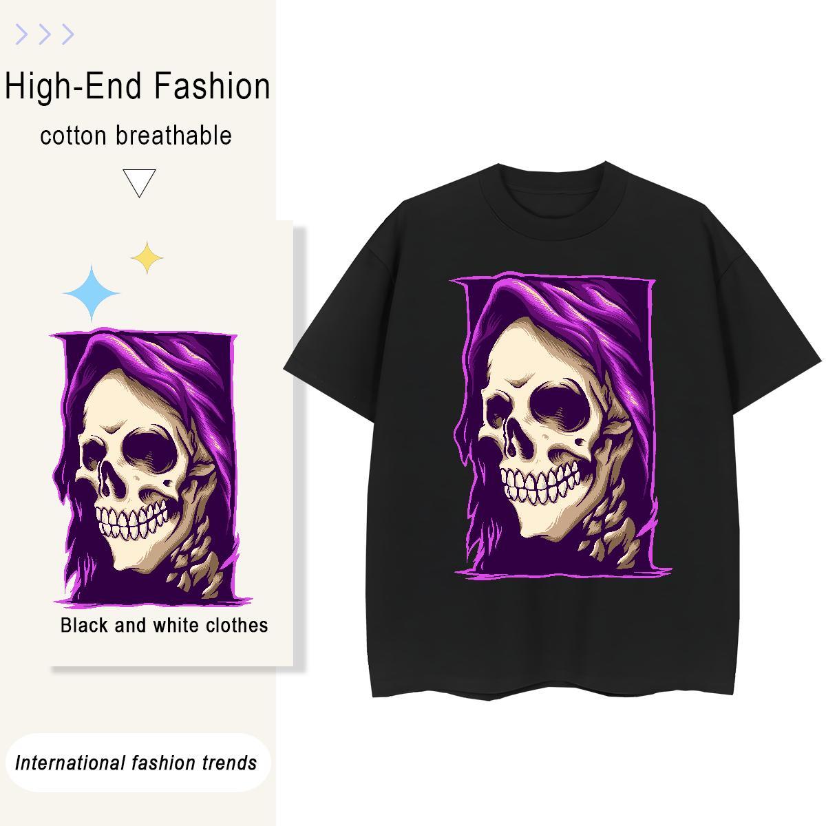 2024 Casual T Shirt For Woman 230g Cotton Crew Neck Home Outdoor skull Unisex Tshirts Lady DIY Anime Printed Tees Shirts