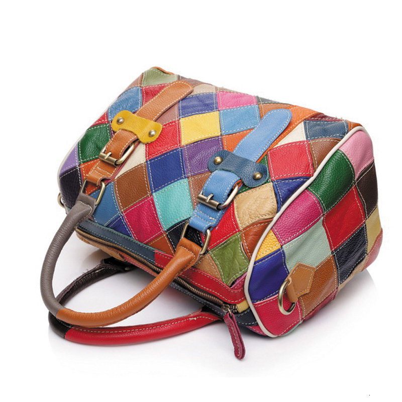 Hot Genuine Leather Handbag Fashion Plaid Colorful Patchwork Ladies Boston Bags Women Pillow Bag Bolsos Sac A Main