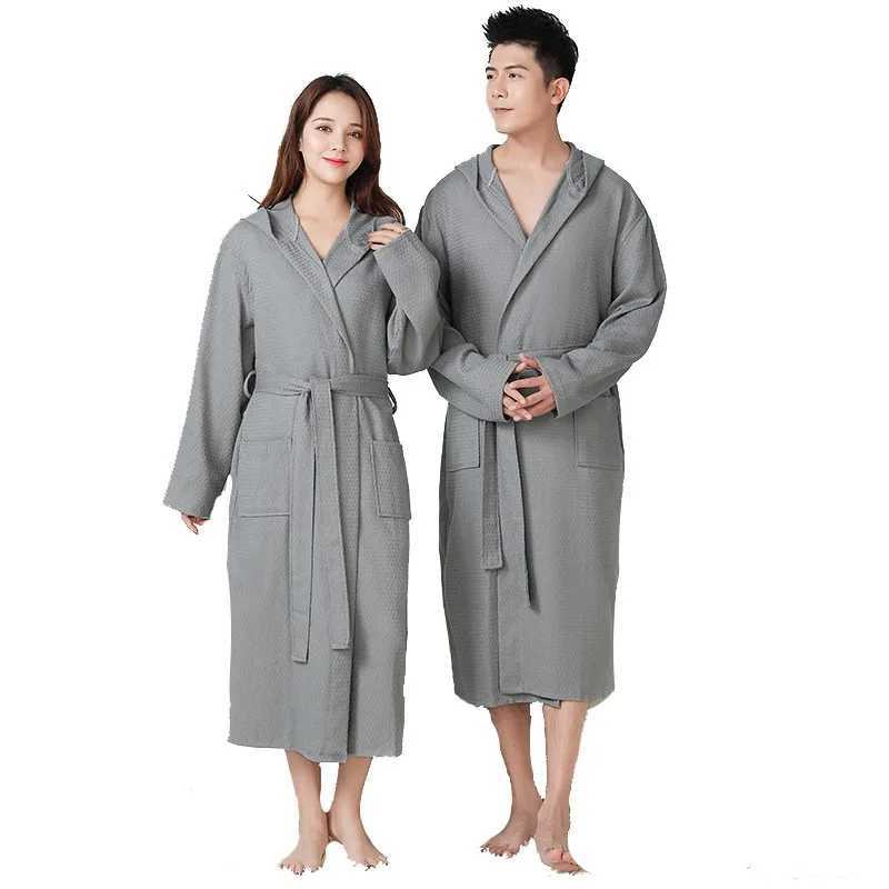 100% Cotton Hooded Robes For Women Autumn New Dressing Gown Men Kimono Bathrobe Long Solid Bath Robe Hotel SleepwearXJ241018