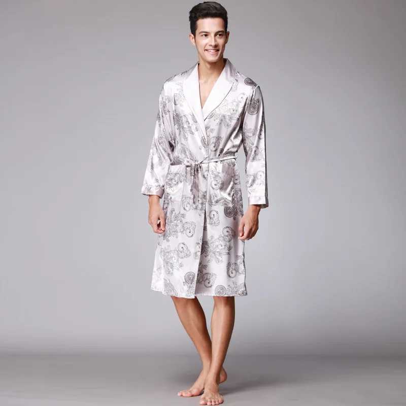 SSH0127 Spring Autumn Mens Bathrobes Printed Male Pajamas Full Sleeves Nightwear Sleepwear Satin Silk Robe Pyjama Belt Men RobeXJ241018