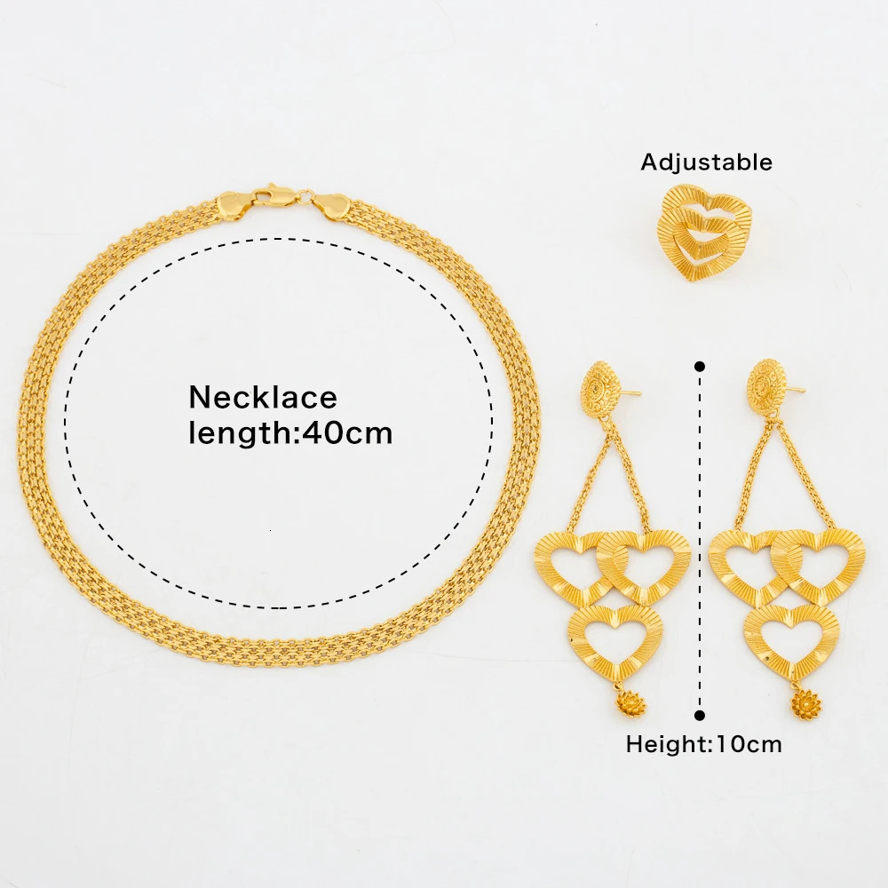 Gold Color Jewelry Sets for Women Bridal Necklace Earrings Adjustable Ring Dubai African Banquet Wedding Ornament Gifts 241018
