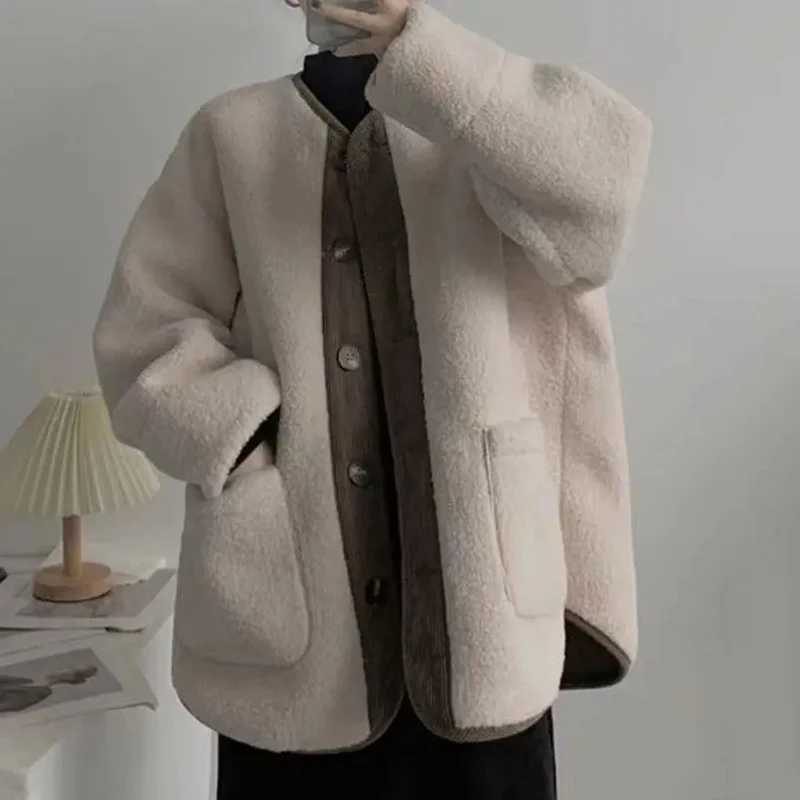 Hdspq Contrast Vintage Lamb Wool Jacket Women Fashion O-Neck Single Breasted Plush Coats Woman 2023 Autumn Winter Warm OuterwearX241018