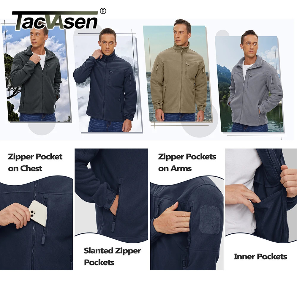 TACVASEN Full Zip Up Green Fleece Jacket Thermal Warm Work Coats Mens Zipper Pockets Hiking Training Outwear Windbreaker 241018