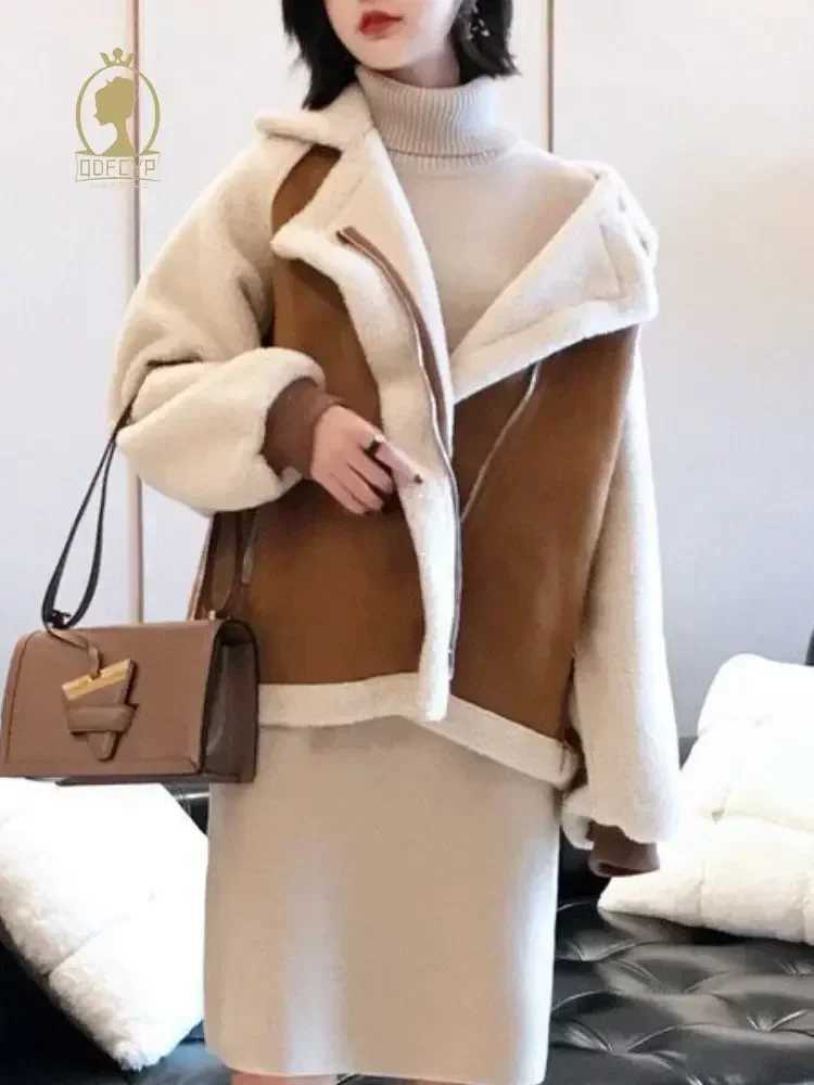 Autumn Winter Womens Coats New Fashion Casual Loose Patchwork Outerwear Harem Korean Vintage Crop Pockets Lambhair Jacket WomenX241018