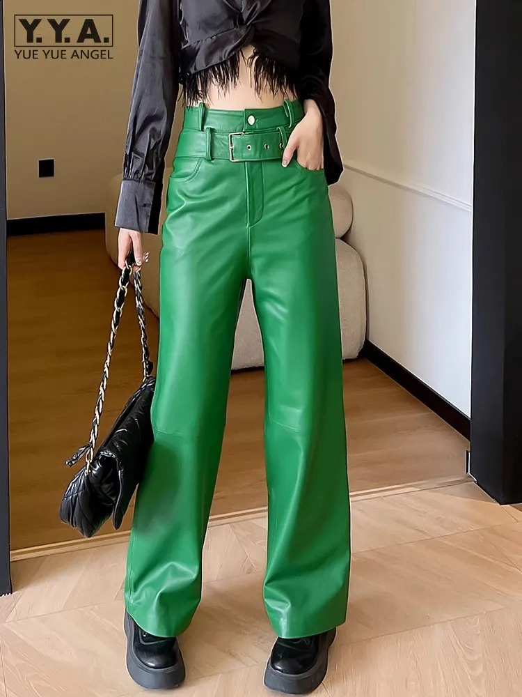 Autumn womens high waisted waistband wide leg straight pants sheepskin real leather pants casual street clothing long goods Trousers 4XL 241018