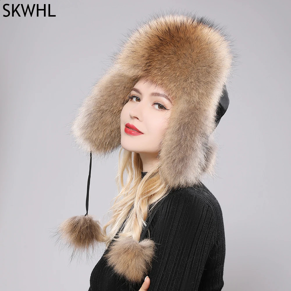 2024 100% real fox fur hat for women Russian Usanka pilot hunter snow skiing hat earmuffs winter raccoon fur bomber hat 241106