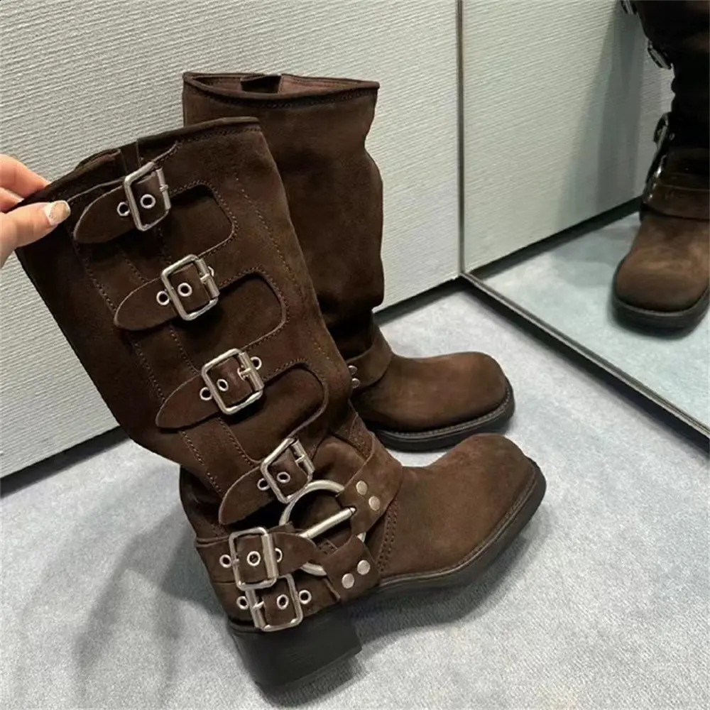 2024 cowhide leather womens y2k retro detachable bucket motorcycle boots brown buckle strap with boots241018 - view 5