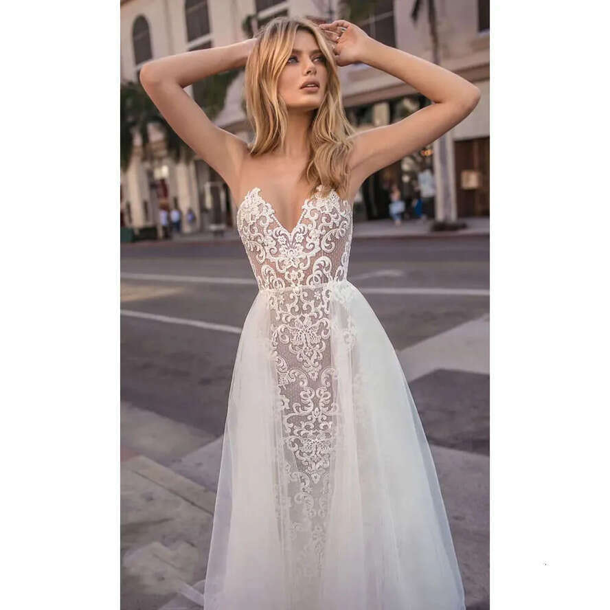 Sweetheart By Neck Muse Berta Dresses Sheer Full Lace Applique Bridal Gowns Summer Or Length Wedding Dress With Overskirt