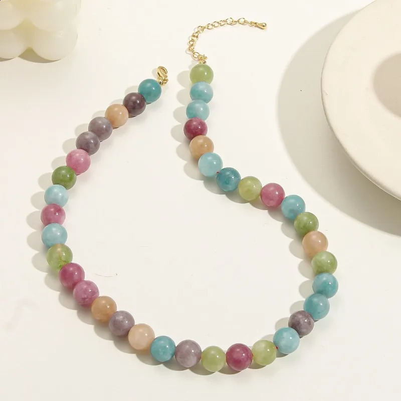 Bohemian dopamine colored natural stone round bead necklace very simple and elegant temperature womens necklace chain 241018