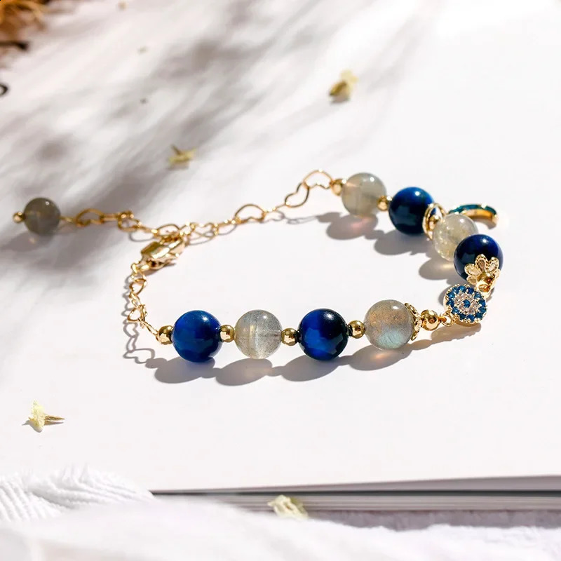 Moon shaped Natural Stone Blue Eye Grey Moon Stone Natural Crystal Bracelet Beads Women's Fashion Jewelry Bracelet