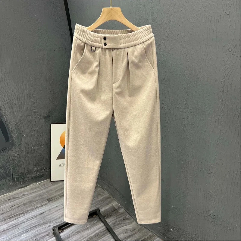 Simplicity Trend Casual Autumn And Winter Men Woolen Solid Elastic Waist Pockets Button Korean Fashion Loose Pencil Pants 241018