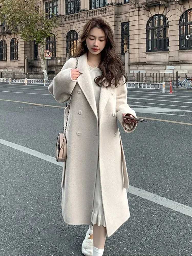 Autumn Winter Loose Woolen Coat for Women Casual Solid Outerwear with Belted Korean Fashion Chic Female Overcoat Clothes NewX241009