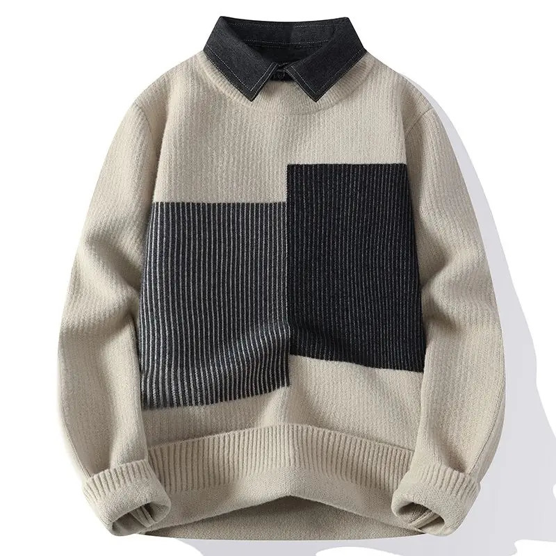 Korean Fashion Autumn Winter Sweaters Mens Shirt Collar Contrast Color Striped Casual Long Sleeve Loose Pullovers Knitted Tops 241018