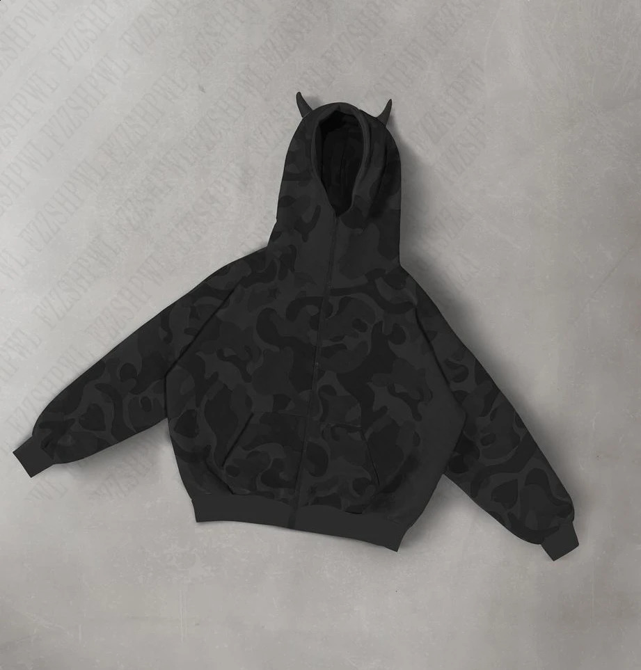 Y2k Gothic Harajuku Devil Horn Camouflage Long Sleeved Hoodie Vintage Streetwear Hip Hop Rap Trendy Wear High Street Winter Tops 241017