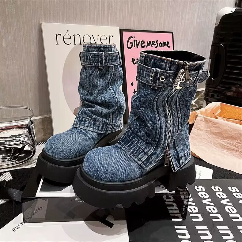Martin boots 2024 new denim fake two-piece stacking boots motorcycle boots short boots spicy style zipper women's shoes