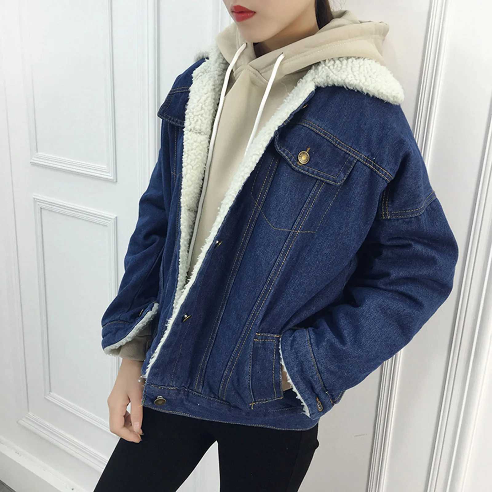 Vintage Women Lambswool Denim Jacket Women Autumn Winter Thicken Fleece Warm Denim Jacket Punk Long Sleeve Casual Loose OutwearX241018