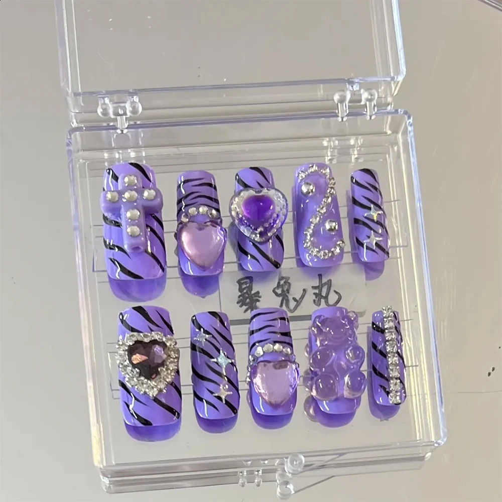 Elegance Long Coffin Handmade false Nails Love Bear Rhinestone Decor Simple Fashion Detachable Reusable Full Cover Nails 241017