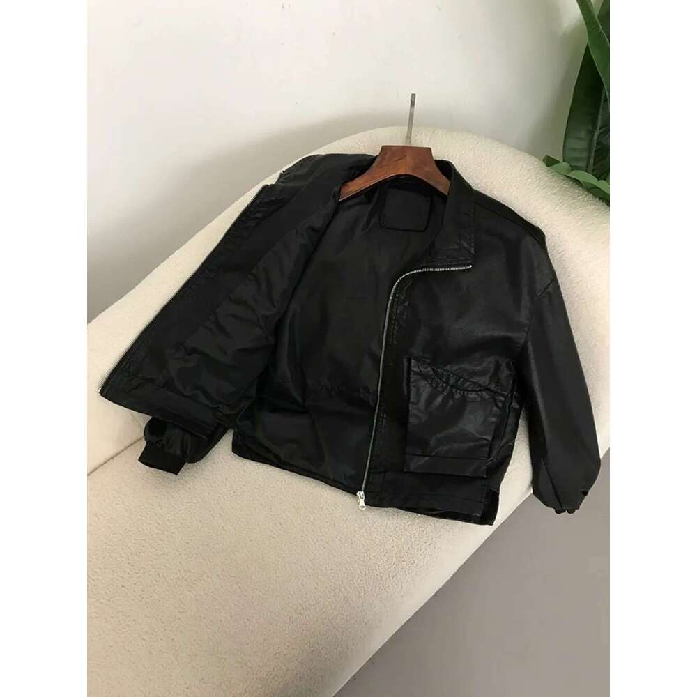 Spring Summer New Hong Kong PU Leather Jacket For Women High-End Design American Retro Motorcycle Popular Style Casual