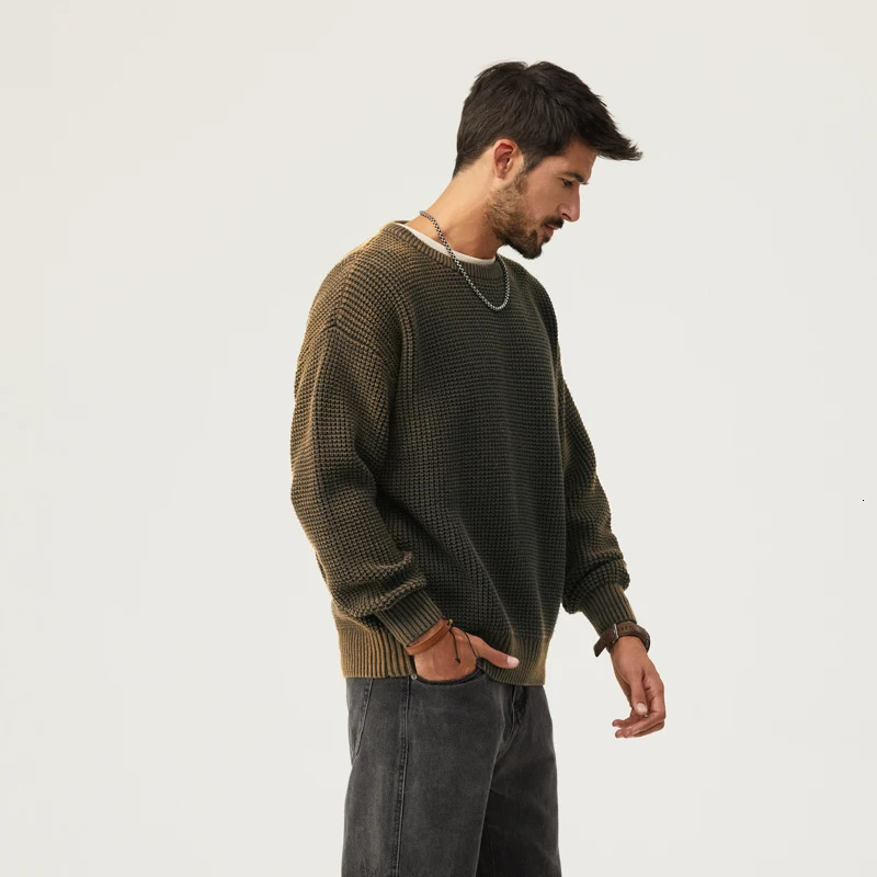 Autumn mens work style knitwear casual loose large size gradient sweater patch round neck pullover tops 241018