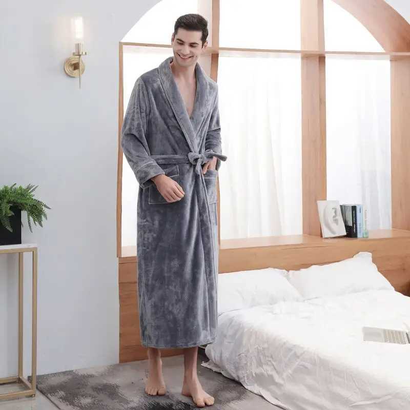 Men Luxury Winter Super Long Thick Warm Pocket Flannel Bathrobe Plus Size Fleece Kimono Bath Robe Couple Night Dressing GownXJ241018