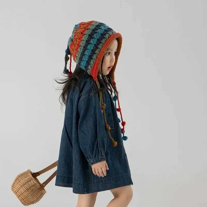 Vintage Flower Kids Hat Autumn Winter Openwork Flower Beanie Girl Hand Knitted Fringe Strap Ear Protection Princess Hat LX241018