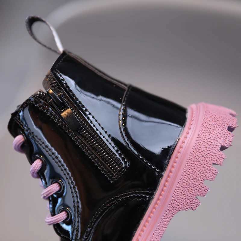 Boots New girl ankle boots single leg leather boots simple PU bright leather solid color lace childrens shoes H241018