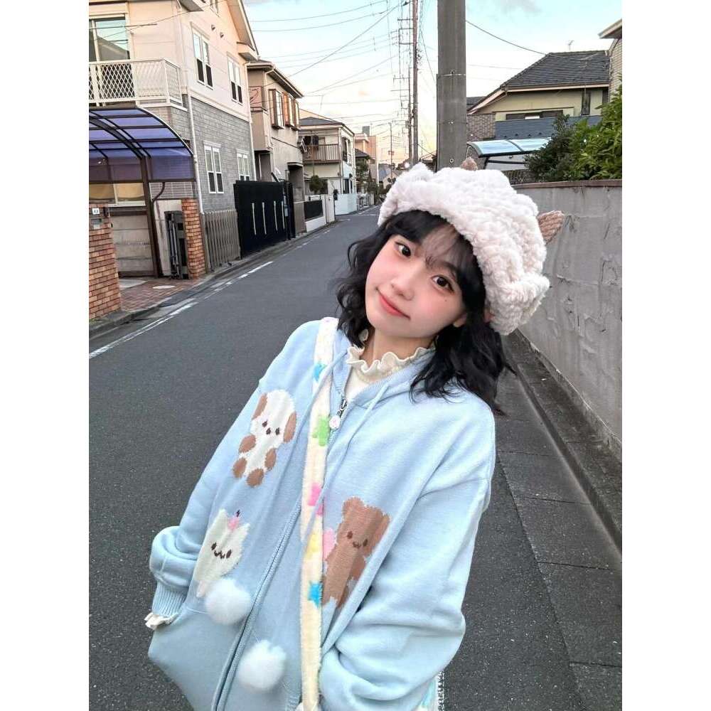 Cute Animal Mid-Length Sweater Coat Women 2024 Autumn New Hoodie Cardigan Sweatshirts Y2k Long Sleeve Loose Tops Mujer
