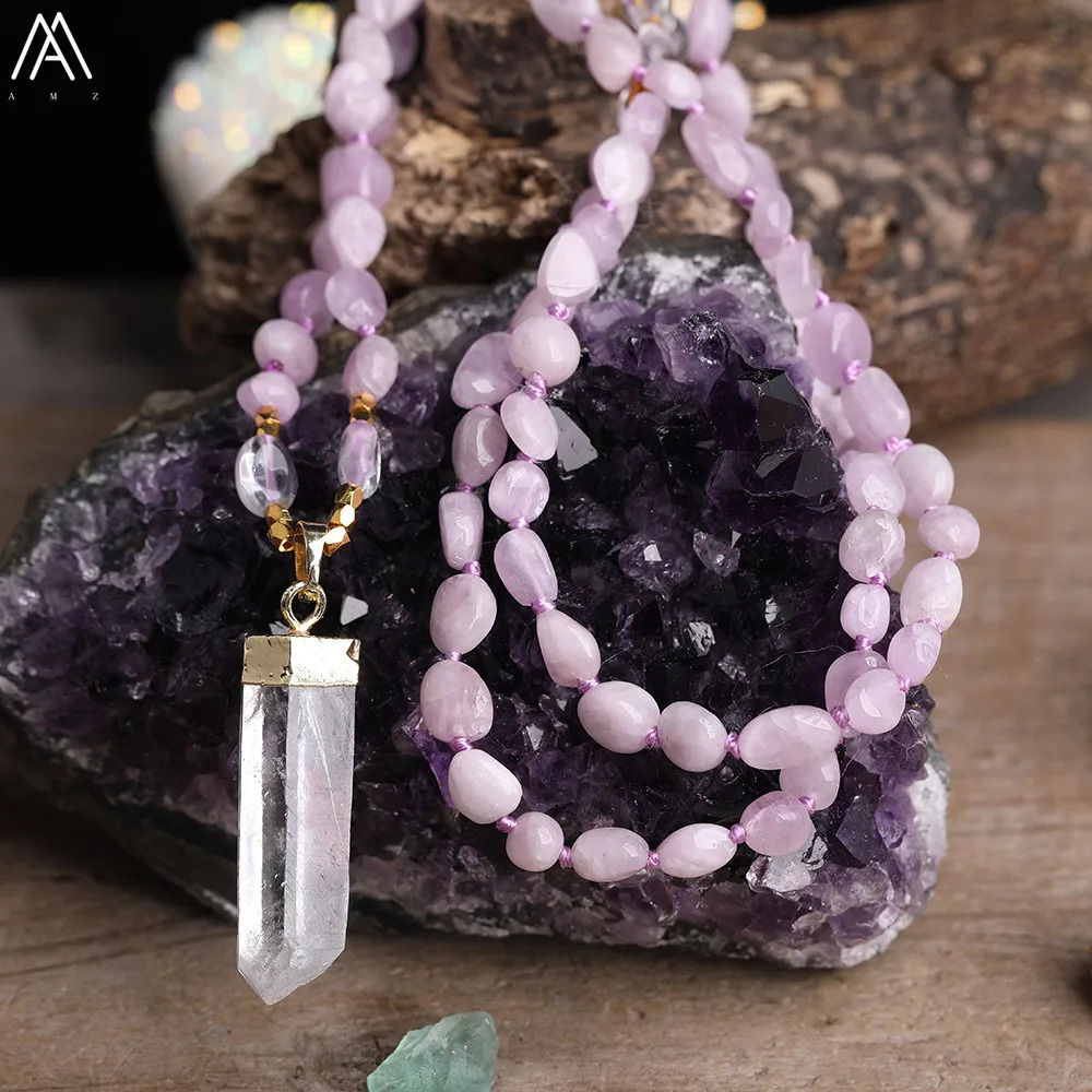 Natural white quartz free-form point pendant Kunzite crystal irregular chip bead knot Mala handmade necklace jewelry 241018