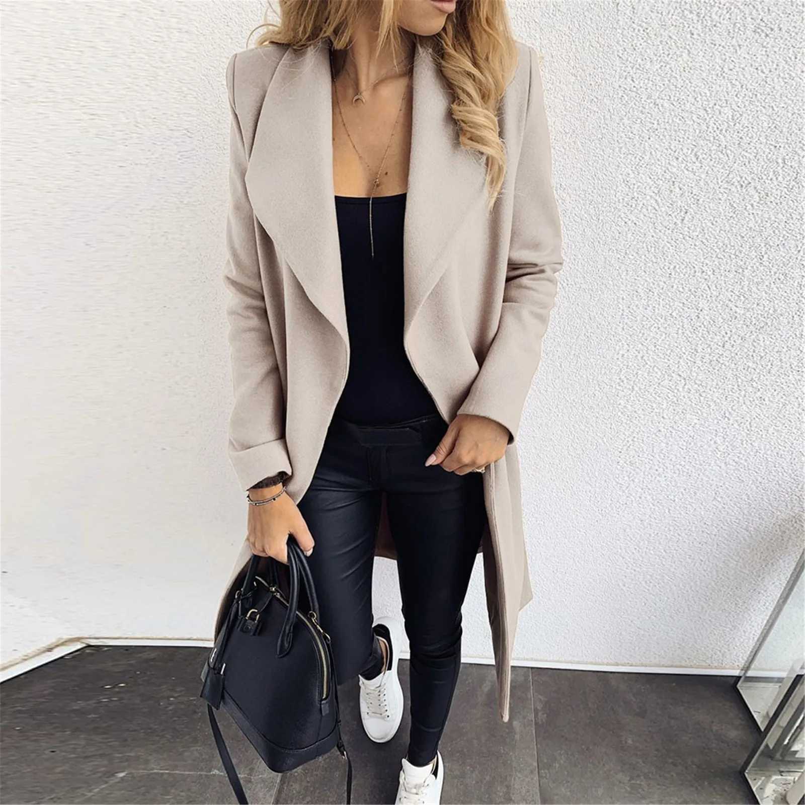 Womens Woolen Cardigan Coat Autumn Winter Solid Color Long Sleeve Lapel Warm Midi Trench Coat Single-Breasted Womens JacketX241009