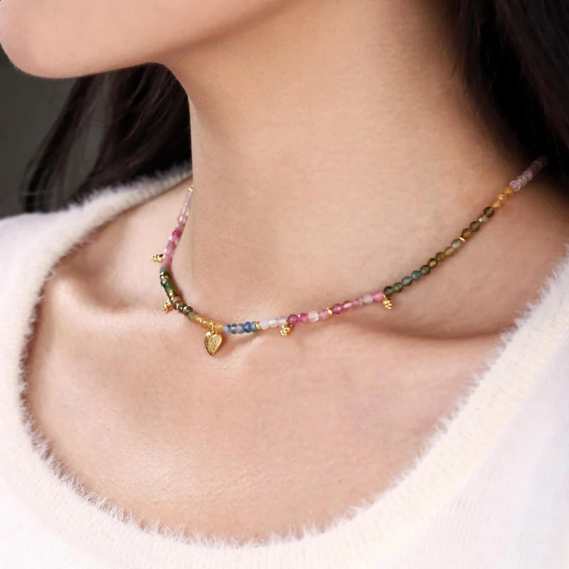 Love tourmaline inlaid necklace with natural gemstone beads pendant 925 silver 241017