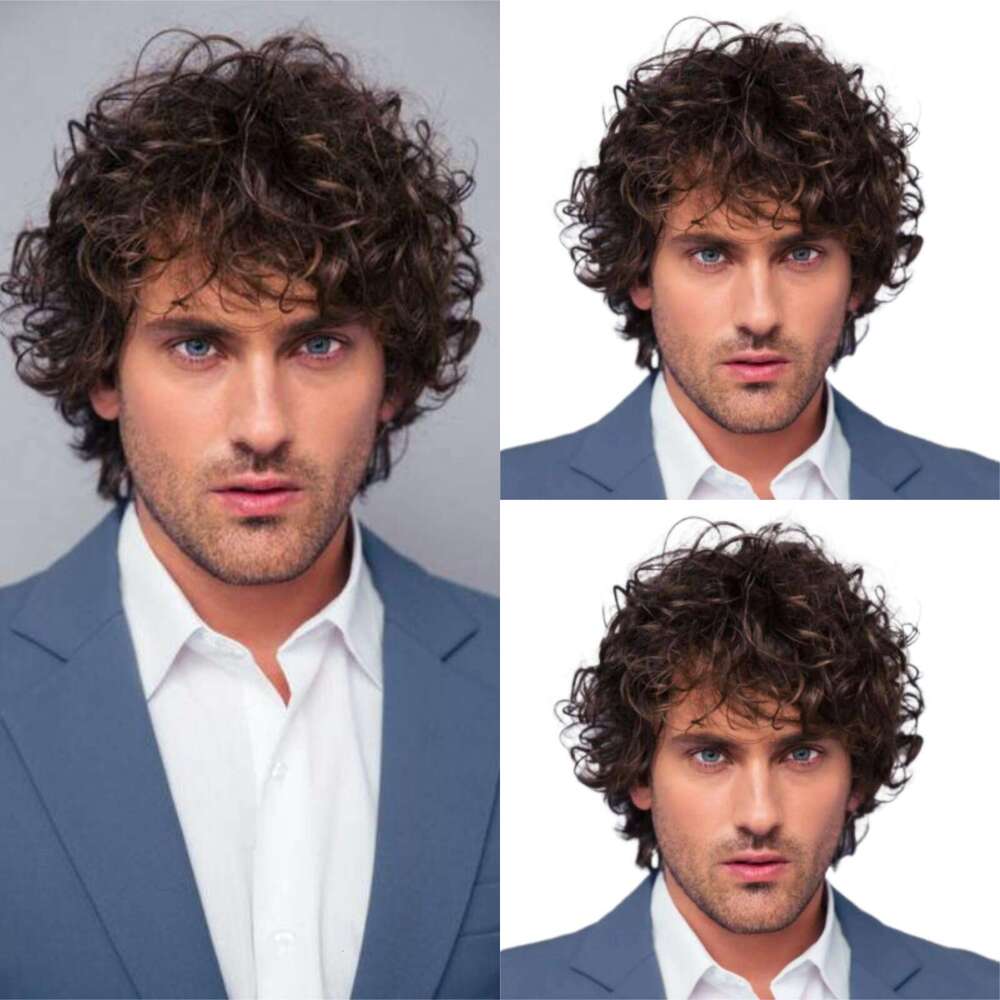 TEMU Men's Fluffy Dark Brown Wig Bangs Upturned Short Curly Hair