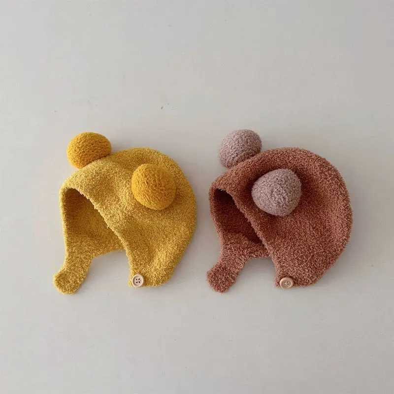 Cute Winter Warm Kids Girl Boys Baby Hats Fleece Wool Hemming Caps with Ball Solid Wool Ear Protection Hats Soft Newborn Bonnet LX241018